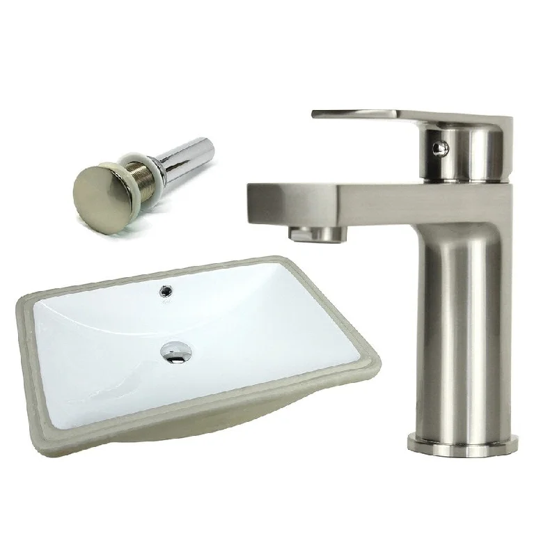 24 Inch Rectangle Undermount Vitreous Glazed Ceramic Sink with Brushed Nickel bathroom faucet / Pop-up Drain Combo