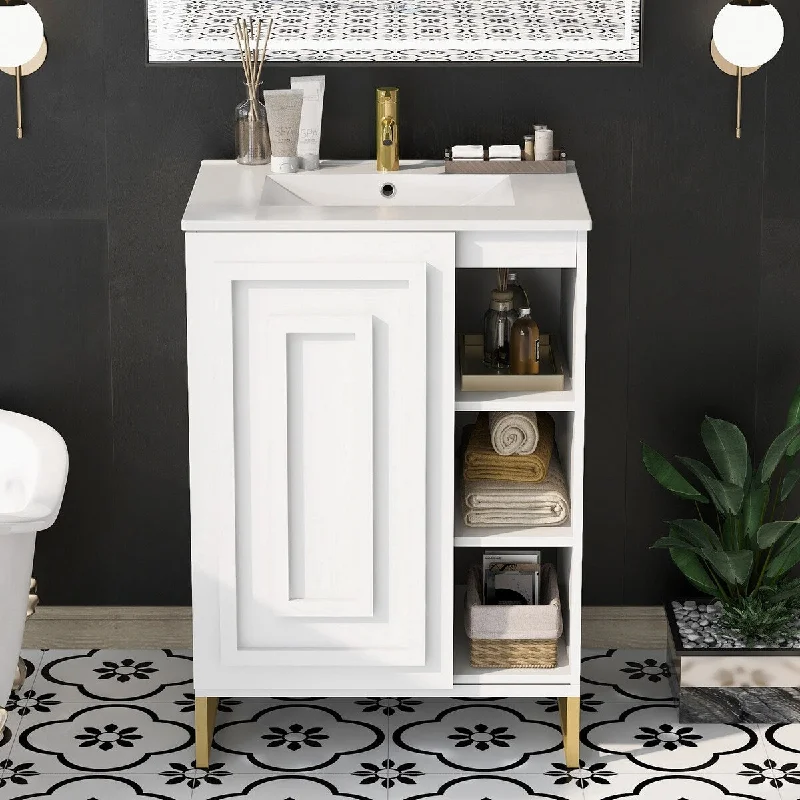 24inch White Bathroom Vanity Sink Combo for Small Space,Ceramic Basin,Gold Legs and Semi-open Storage(Faucet Not Included)