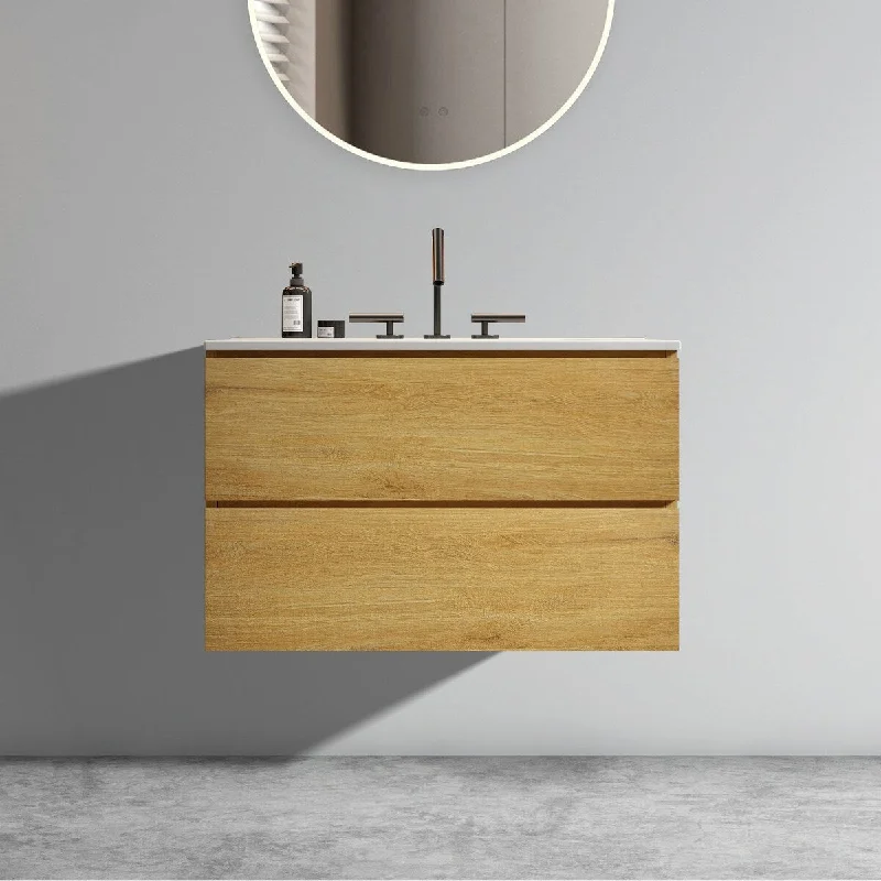 30" Natural Oak Bathroom Vanity with Ceramic Sink and Three Faucet Holes, Without Drain & Faucet