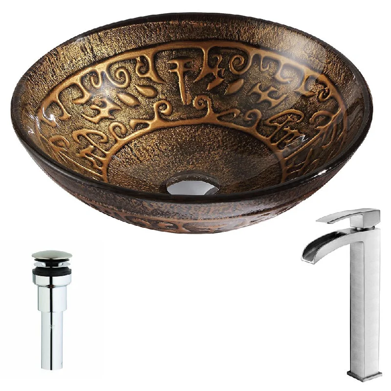 Anzzi Alto Series Deco-glass Vessel Sink in Lustrous Brown with Fann Faucet in Brushed Nickel