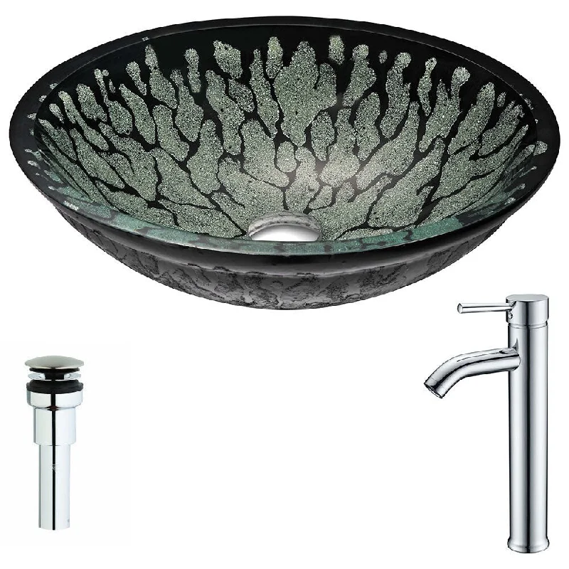 Anzzi Bravo Series Deco-glass Vessel Sink in Lustrous Black with Fann Faucet in Polished Chrome