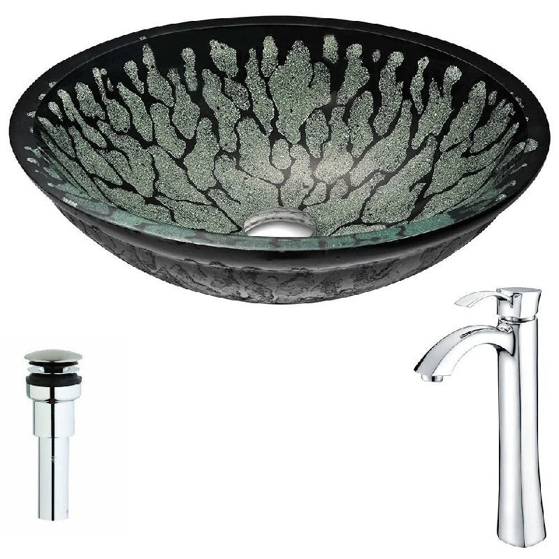 Anzzi Bravo Series Deco-glass Vessel Sink in Lustrous Black with Harmony Faucet in Polished Chrome