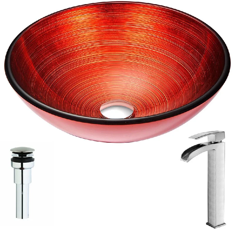 Anzzi Echo Series Deco-glass Vessel Sink in Lustrous Red with Key Faucet in Brushed Nickel