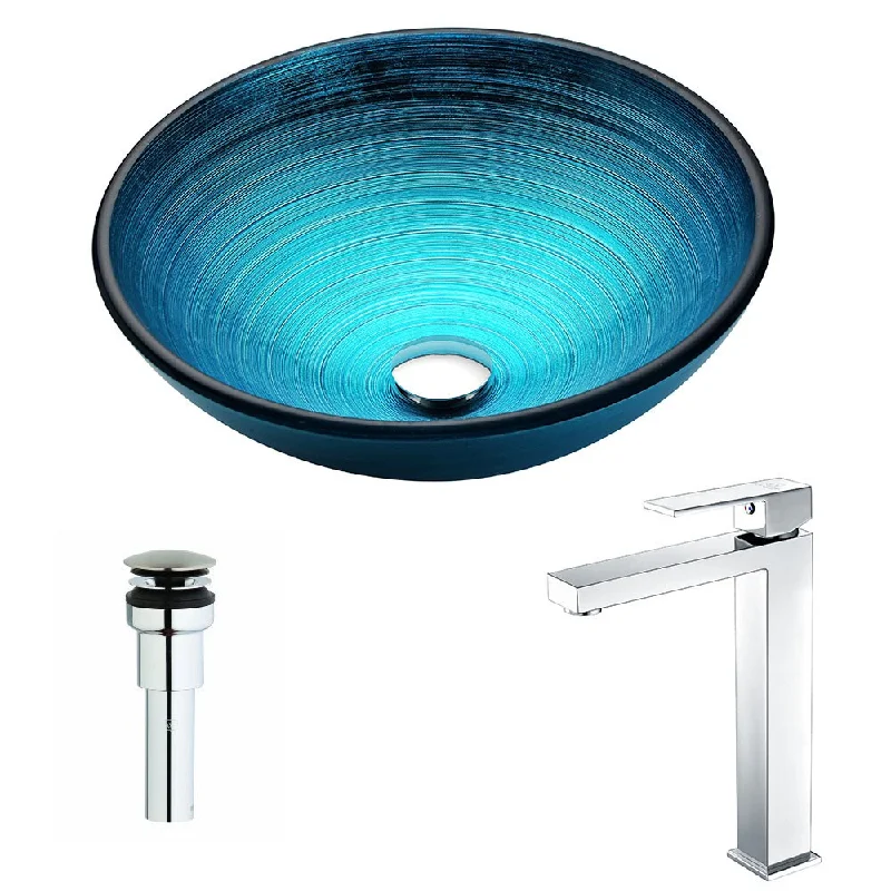 ANZZI Enti Series Deco-Glass Vessel Sink in Lustrous Blue with Enti Faucet in Chrome