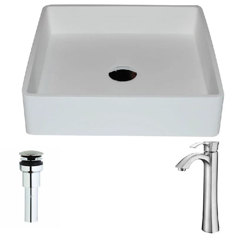 Anzzi Passage 1-piece Man Made Stone Vessel Sink in Matte White with Harmony Faucet in Brushed Nickel