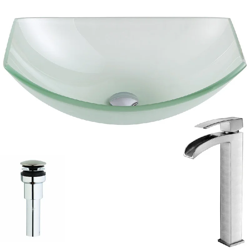 Anzzi Pendant Series Deco-glass Vessel Sink in Lustrous Frosted with Key Faucet in Brushed Nickel