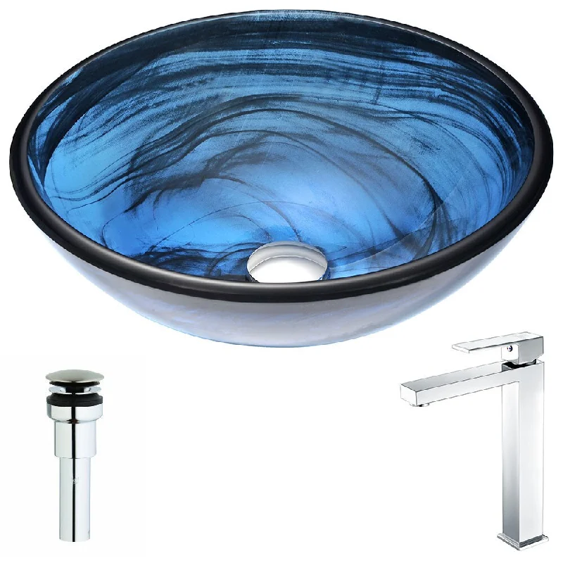 Anzzi Soave Series Deco-glass Vessel Sink in Sapphire Wisp with Enti Faucet in Chrome