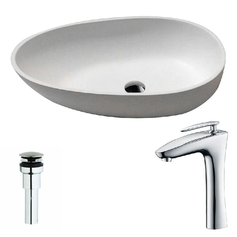 Anzzi Trident 1-piece Man Made Stone Vessel Sink in Matte White with Crown Faucet in Chrome