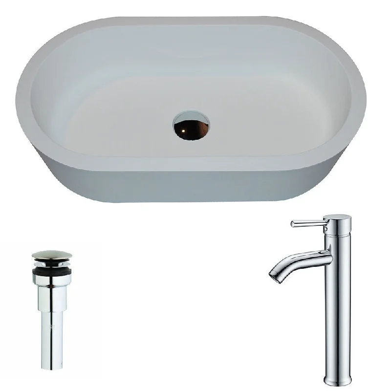 Anzzi Vaine Series 1-piece Man Made Stone Vessel Sink in Matte White with Fann Faucet in Polished Chrome