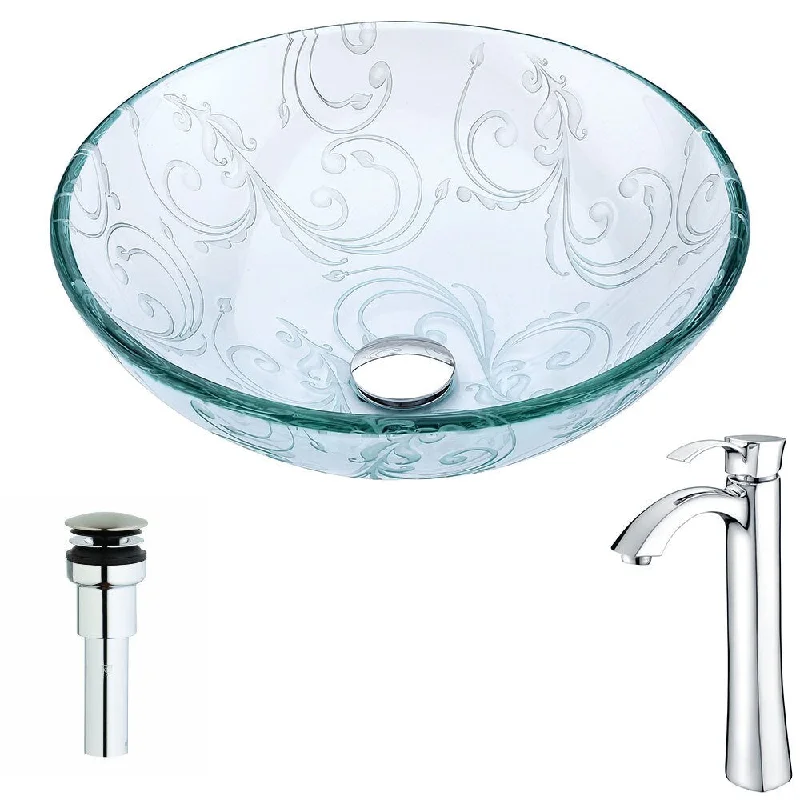 Anzzi Vieno Series Deco-glass Vessel Sink in Crystal Clear Floral with Harmony Faucet in Chrome