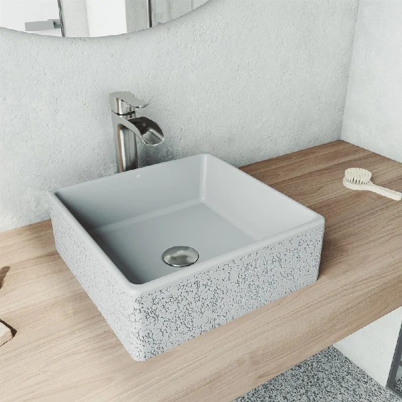 Aster Square Concrete Vessel Bathroom Sink Set in Ash with Faucet in Brushed Nickel