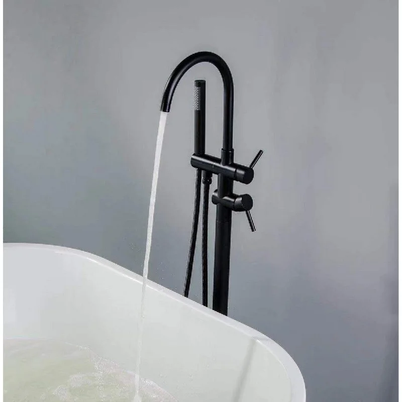 Black Brass 2-Handle Floor-Mount Roman Tub Faucet with Hand Shower - 7'6" x 9'6"