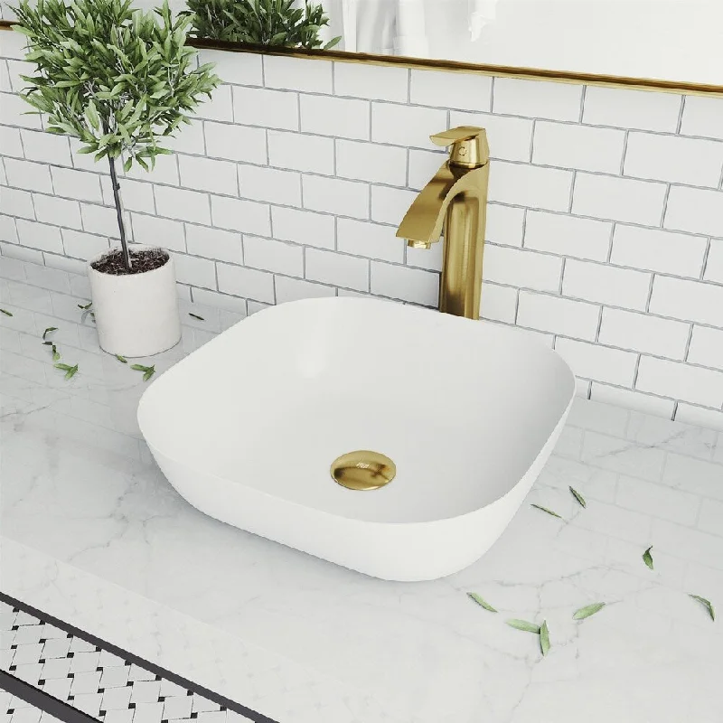 Camellia Matte stone Square Vessel Bathroom Sink Set With Linus Faucet in Matte Gold