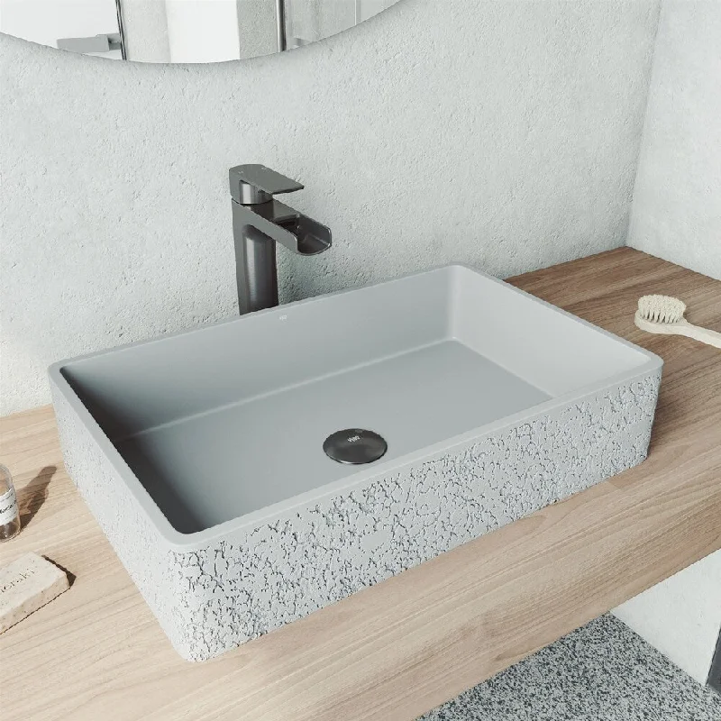 Dahlia Rectangle Concrete Vessel Bathroom Sink Set in Ash with Faucet in Graphite Black