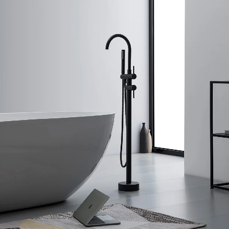 Double-Handle Freestanding Tub Faucet with Hand Shower in Matte Black - 6.5'' x 8.5''