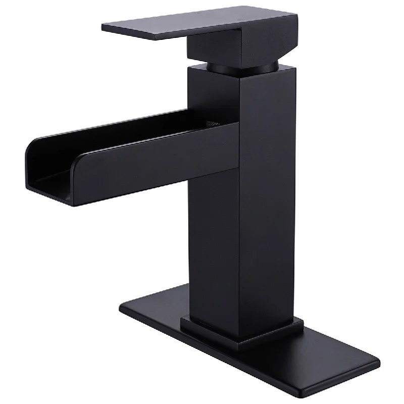 EPOWP Matte Black Waterfall Vanity Faucet Solid Brass Basin Tap