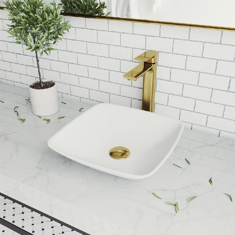 Hyacinth Matte stone Square Vessel Bathroom Sink Set With Norfolk Faucet in Matte Gold