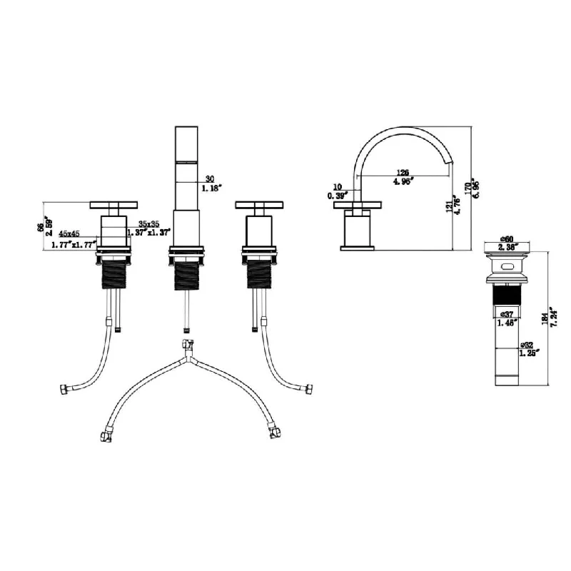 Kichae 2 Handles 3 Holes Centerset faucet Deck Mounted Bathroom Faucets with Metal Pop Up Drain and Water Hoses