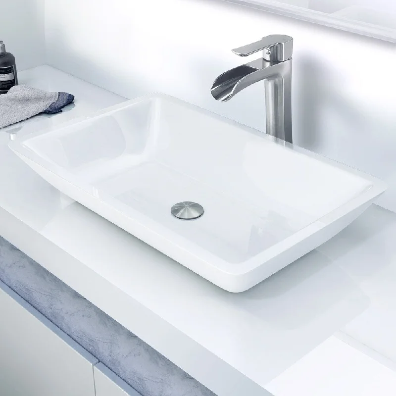 Large Flat-Edged Rectangular White Phoenix Stone Vessel Bathroom Sink And Niko Vessel Faucet Set