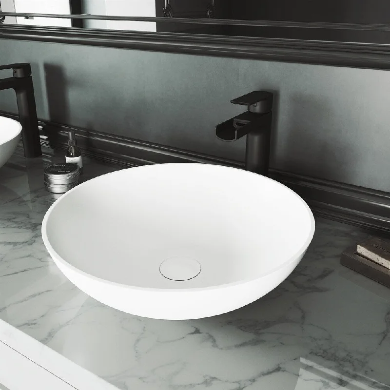 Lotus Matte stone Round Vessel Bathroom Sink Set With Amada Faucet in Matte Black