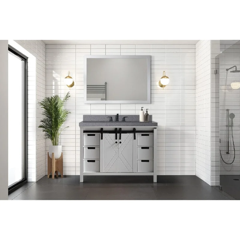 Marsyas 48 in W x 22 in D White Bath Vanity, Grey Quartz Countertop, Faucet Set and 44 in Mirror