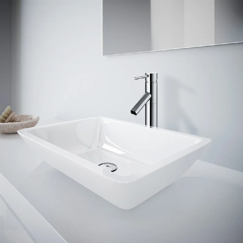 Medium Flat-Edged Rectangular White Phoenix Stone Vessel Bathroom Sink And Dior Vessel Faucet Set