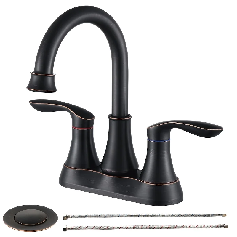 Modern 2-Handle Oil Rubbed Bronze Bathroom Faucet with Pop-Up Drain - Durable Brass Construction, Hot & Cold Hoses Included