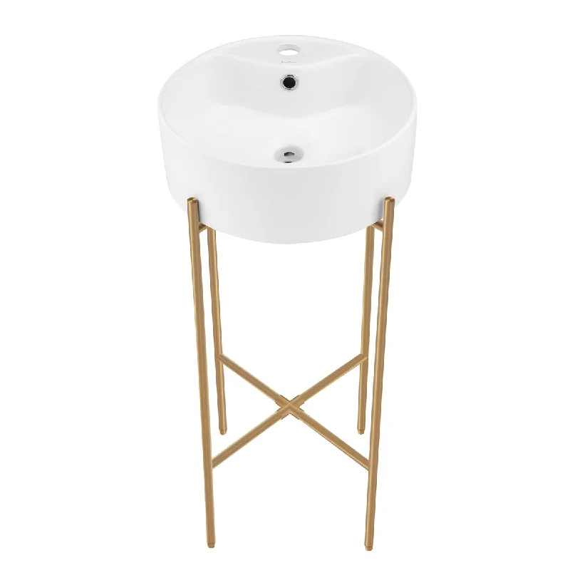 Monaco 15.75" Round Console Sink With Faucet Mount, White Basin Brushed Gold Legs - 15.75" x 15.75" x 5.51"