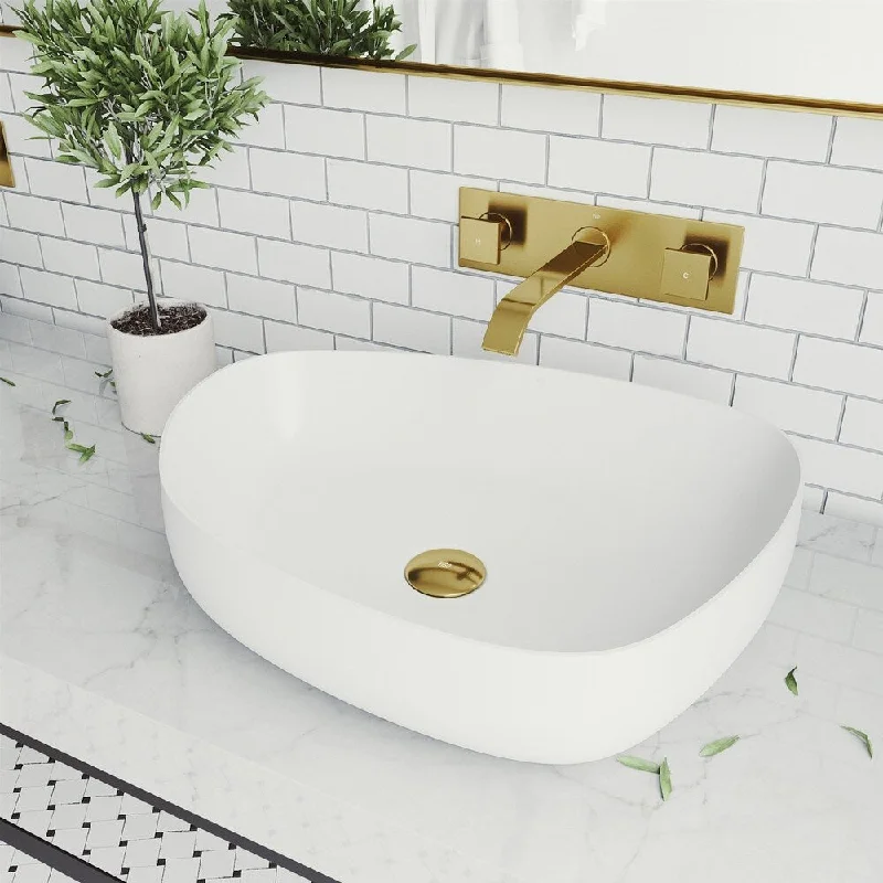 Peony Matte stone Vessel Bathroom Sink Set With Titus Wall Mount Faucet In Matte Gold