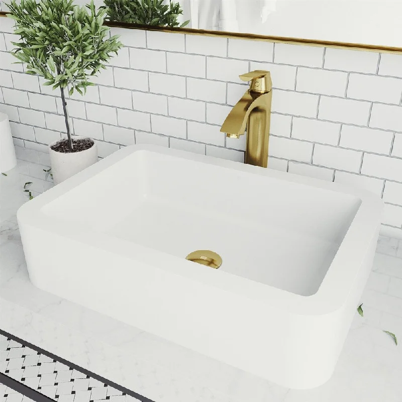 Petunia Matte stone Rectangle Vessel Bathroom Sink Set With Linus Faucet in Matte Gold