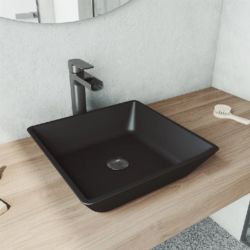 Roma Rectangle Glass Vessel Bathroom Sink Set in MatteShell with Faucet in Graphite Black