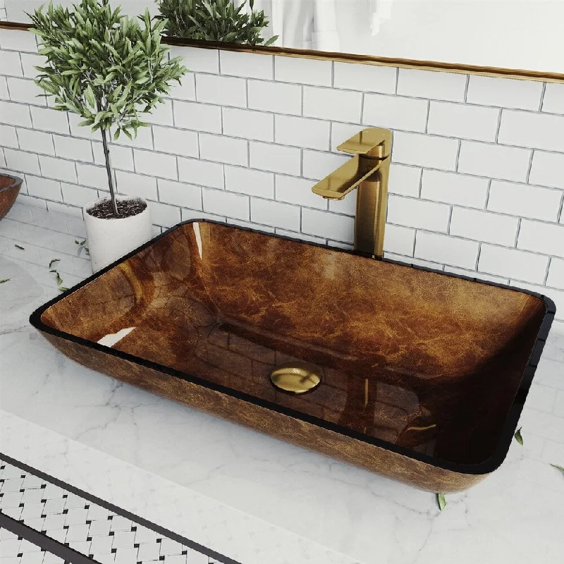 Russet Glass Rectangle Vessel Bathroom Sink Set With Norfolk Faucet in Matte Gold