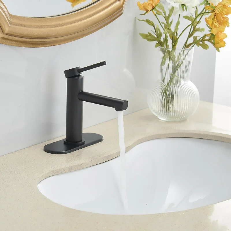 Single Handle Single Hole Bathroom Faucet with Deckplate Included With Pop-up Drain in Matte Black - 4.7'' x 1.77''