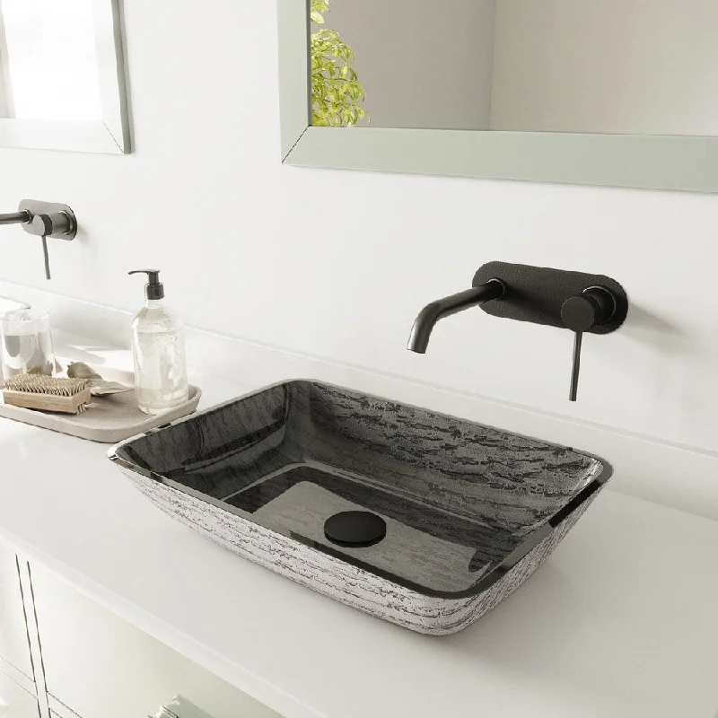 Titanium Glass Vessel Bathroom Sink Set With Lenox Wall Mount Faucet In Matte Black