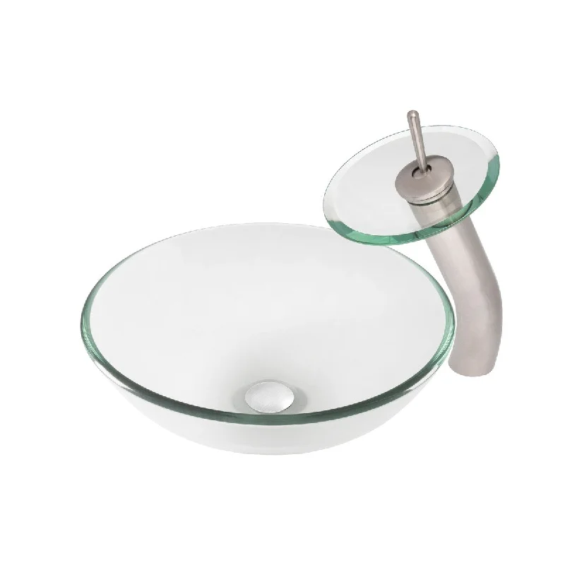 Topia Clear Glass Vessel Sink with Brushed Nickel Faucet Combo Set