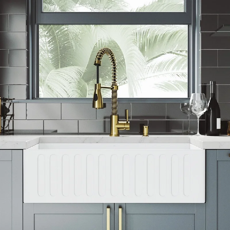 VIGO Matte Stone 33" Matte Stone Kitchen Sink with Faucet in Matte Gold