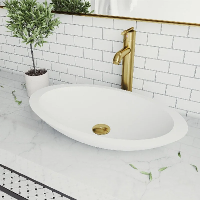 Wisteria Matte stone Oval Vessel Bathroom Sink Set With Seville Faucet in Matte Gold