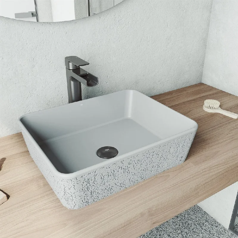 Zinnia Rectangle Concrete Vessel Bathroom Sink Set in Ash with Faucet in Graphite Black