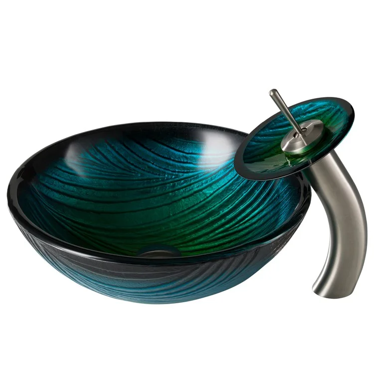 Nature Series Green Glass Bathroom Vessel Sink and Waterfall Faucet Combo Set with Disk and Pop-Up Drain