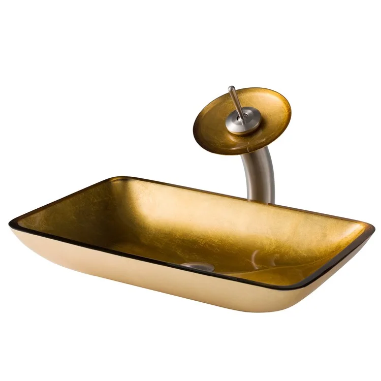 Rectangular Gold Glass Bathroom Vessel Sink and Waterfall Faucet Combo Set with Disk and Pop-Up Drain