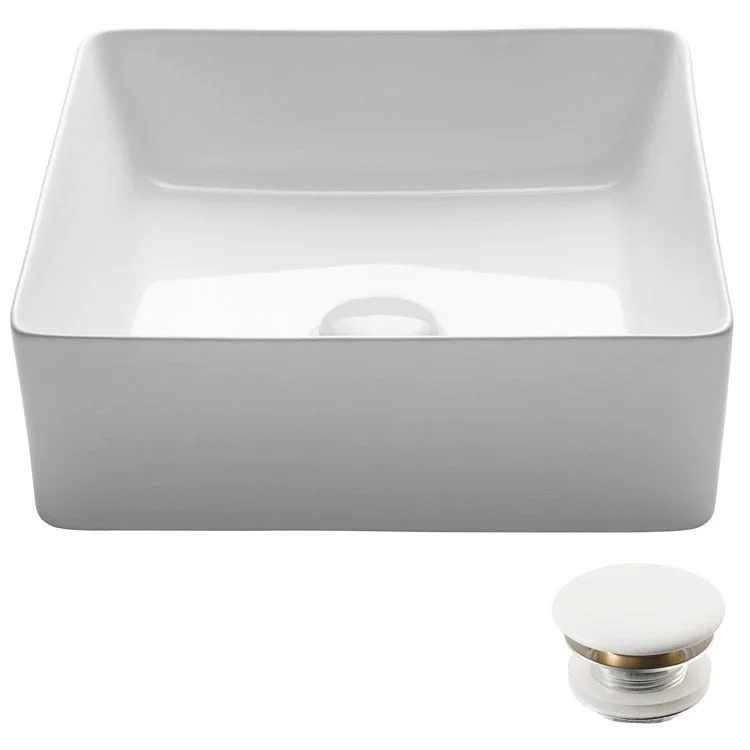 Viva 15-5/8" L x 15-5/8" W x 5-1/8" H Square White Porcelain Bathroom Vessel Sink with Pop-Up Drain